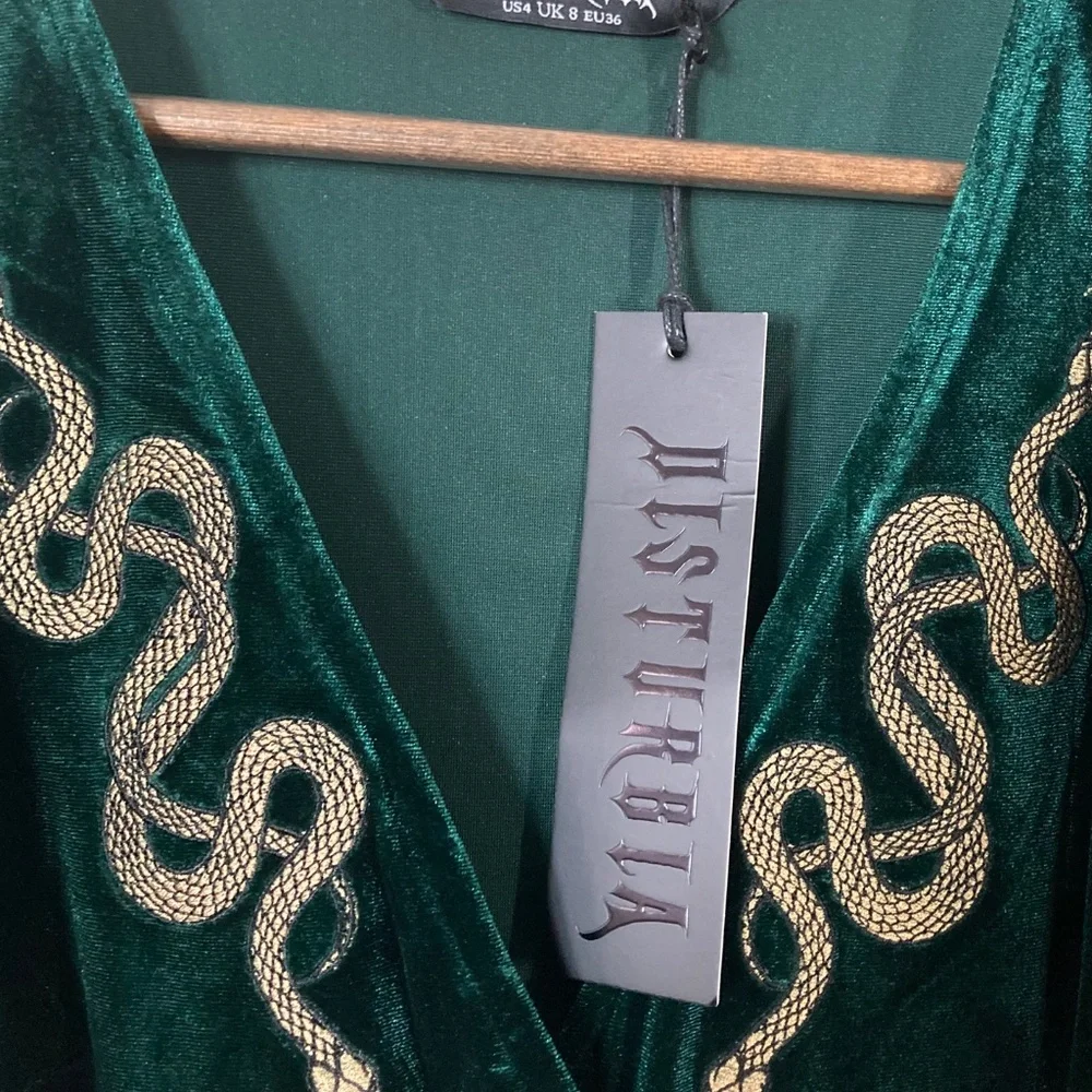 DISTURBIA Zarina Velour Applique Midi Wrap Dress Emerald Green NWT - Picture 10 of 12